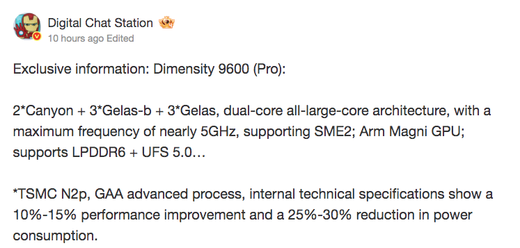 Dimensity 9600 Pro punta a ben 5 GHz