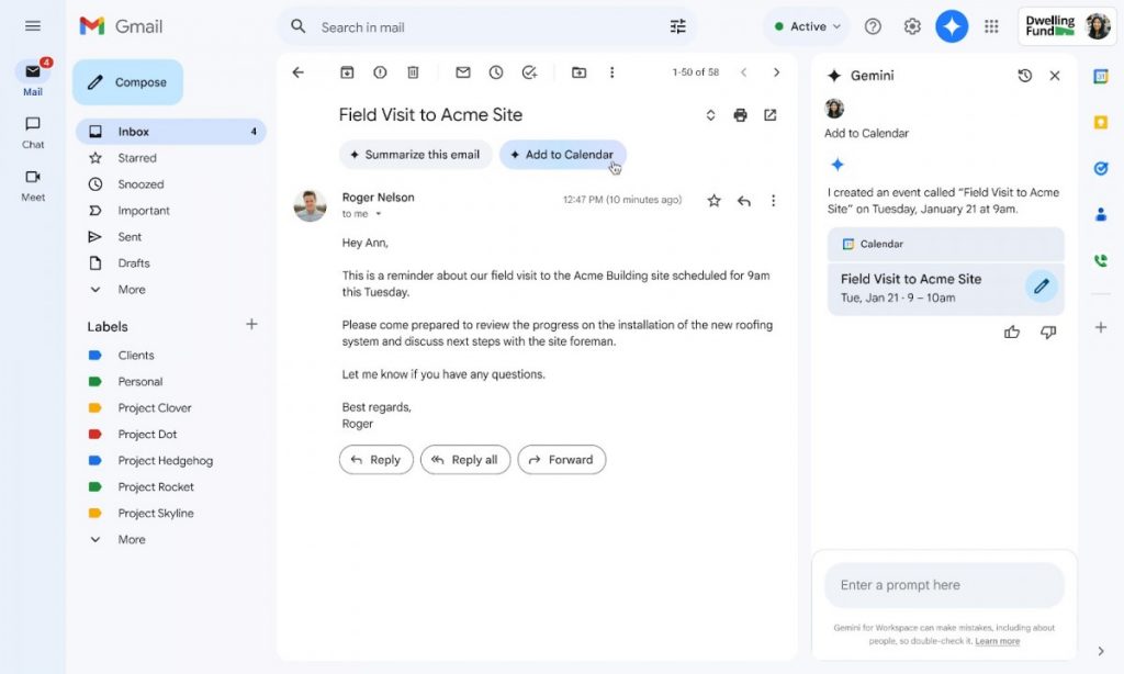 Aggiungere eventi in Google Calendar da Gmail con Gemini