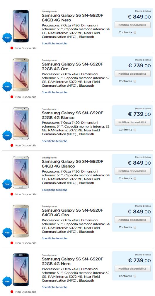 Galaxy S6 Prezzi