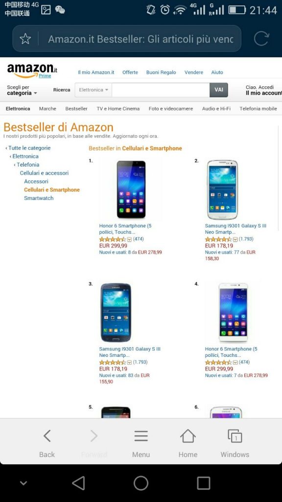 Bestseller Amazon.it smartphones Honor 6