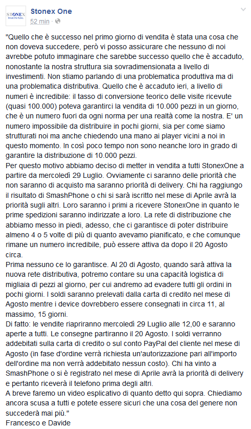 stonexone ritardi