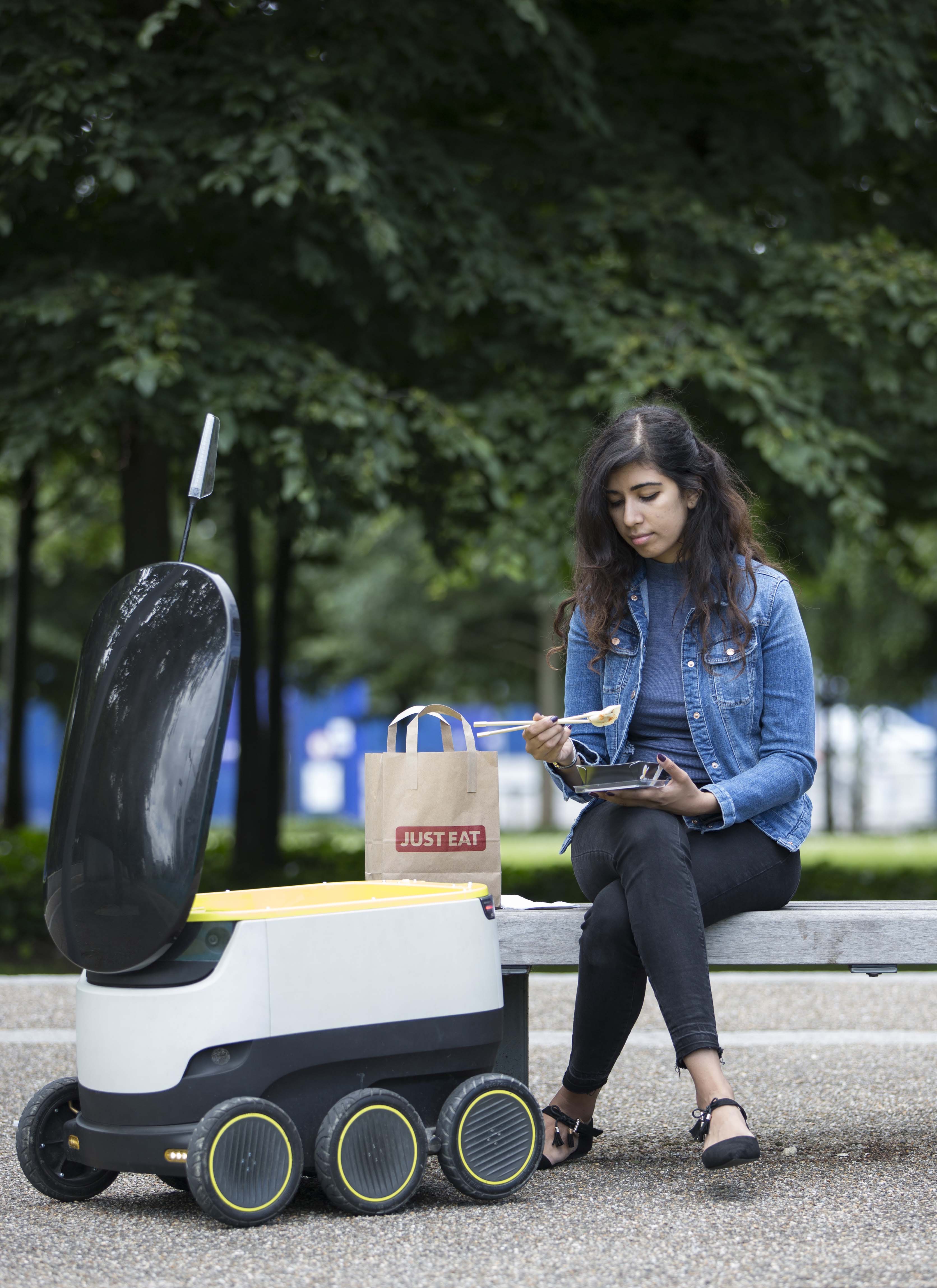 LONDON, ENGLAND - JUNE 29: JUST EAT pilots a Starship robot to deliver food from its takeaway restaurants on June 29, 2016 in London, England. (Photo by John Phillips/Getty Images for Richard Mille)