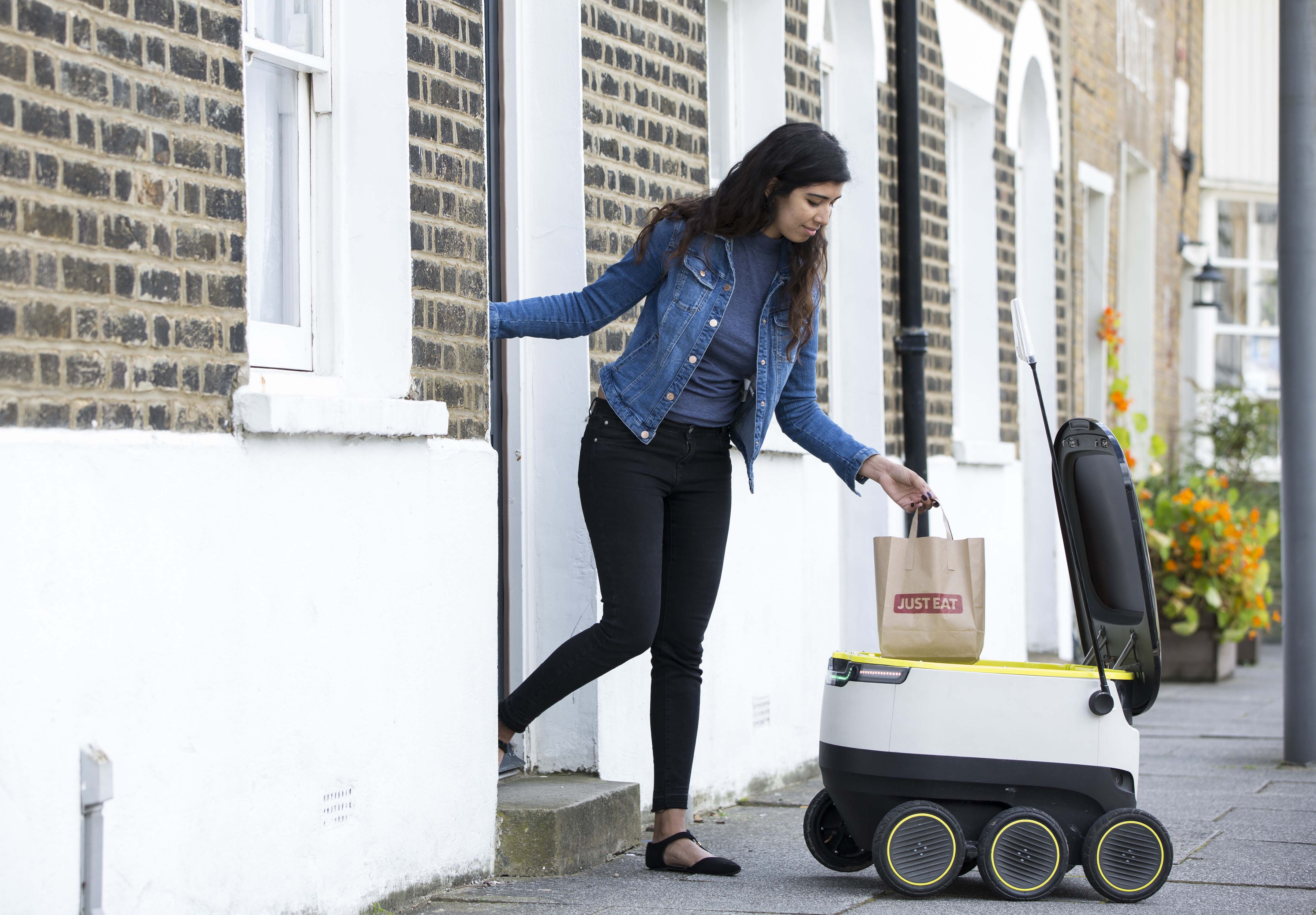 LONDON, ENGLAND - JUNE 29: JUST EAT pilots a Starship robot to deliver food from its takeaway restaurants on June 29, 2016 in London, England. (Photo by John Phillips/Getty Images for Richard Mille)