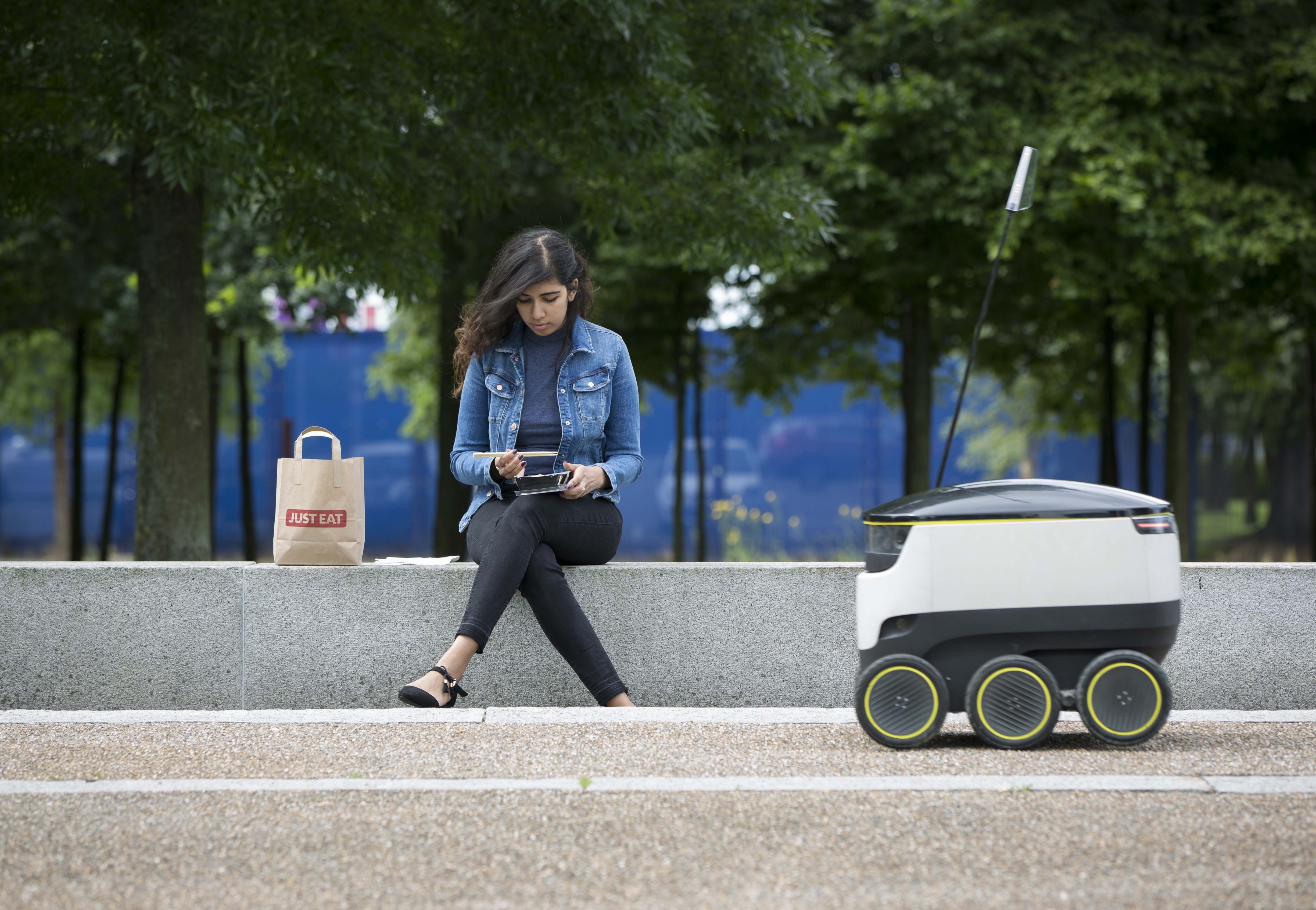 LONDON, ENGLAND - JUNE 29: JUST EAT pilots a Starship robot to deliver food from its takeaway restaurants on June 29, 2016 in London, England. (Photo by John Phillips/Getty Images for Richard Mille)