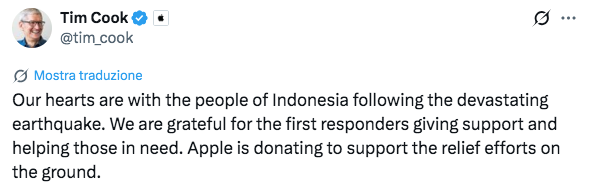 Apple aiuterà l’Indonesia dopo il devastante terremoto