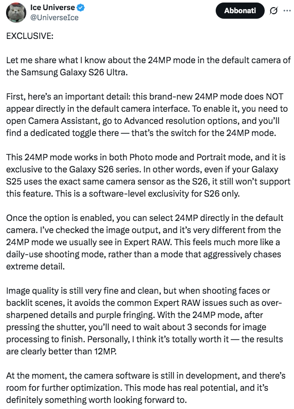 Samsung Galaxy S26 Ultra: 24 MP non di default
