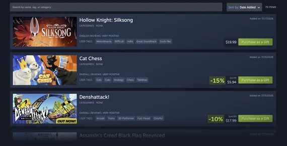 Wishlist Steam ora più ordinata con notifiche e demo