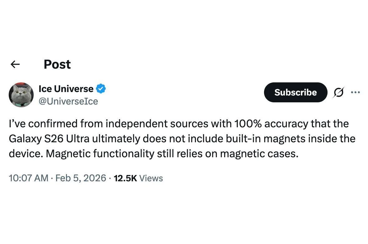 Galaxy S26 Ultra e Qi2: niente magneti sul retro