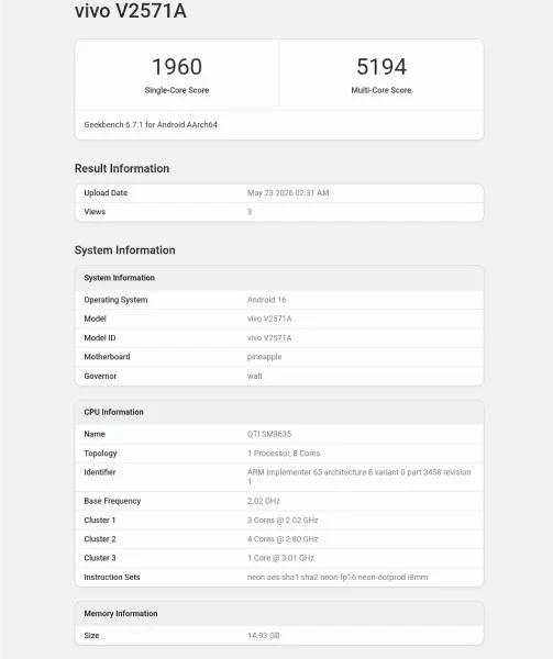 Vivo S60 resta con Snapdragon 8s Gen 3