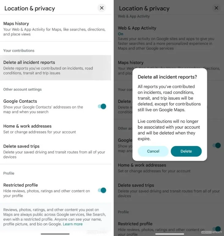 Google Maps cancella segnalazioni incidenti dal profilo
