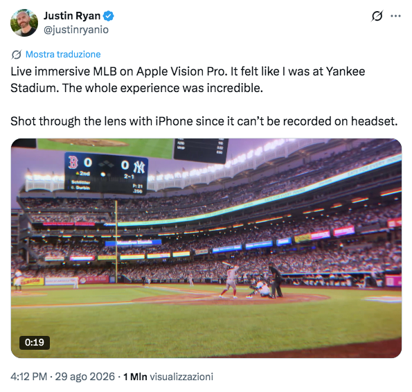 Apple Vision Pro sorprende con il baseball immersivo in 8K