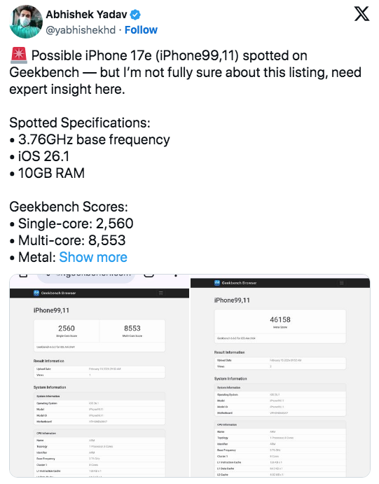 iPhone 17e su Geekbench? Benchmark sospetto