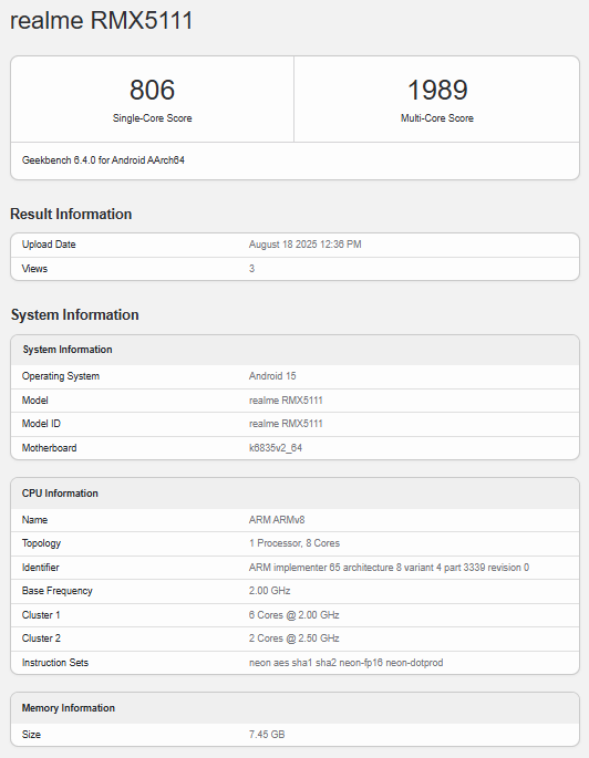 Realme 15T 5G con Dimensity 6400 appare su Geekbench