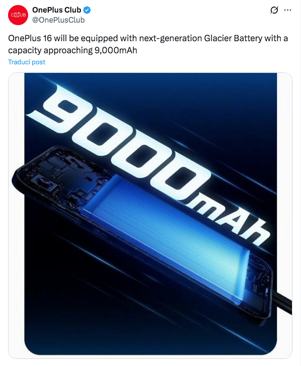 OnePlus 16: batteria da 9000 mAh in arrivo