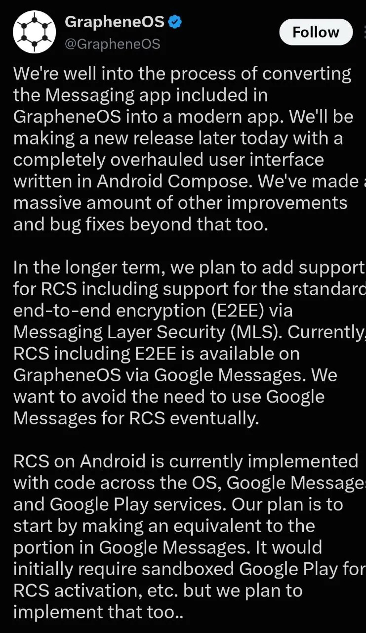 GrapheneOS vuole usare RCS senza Google Messages