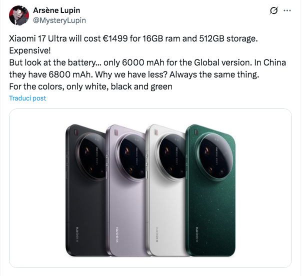 Xiaomi 17 Ultra: prezzo e batteria trapelati