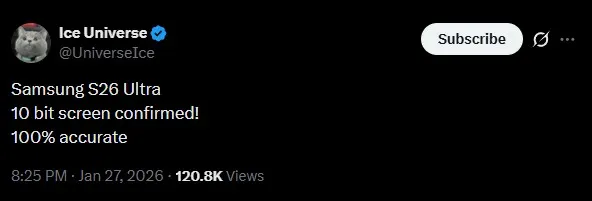 Samsung Galaxy S26 Ultra : schermo a 10 bit confermato