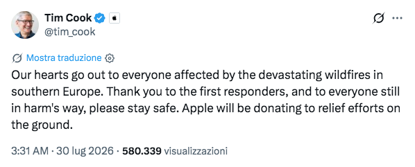 Incendi in Europa: Apple sostiene le comunità colpite