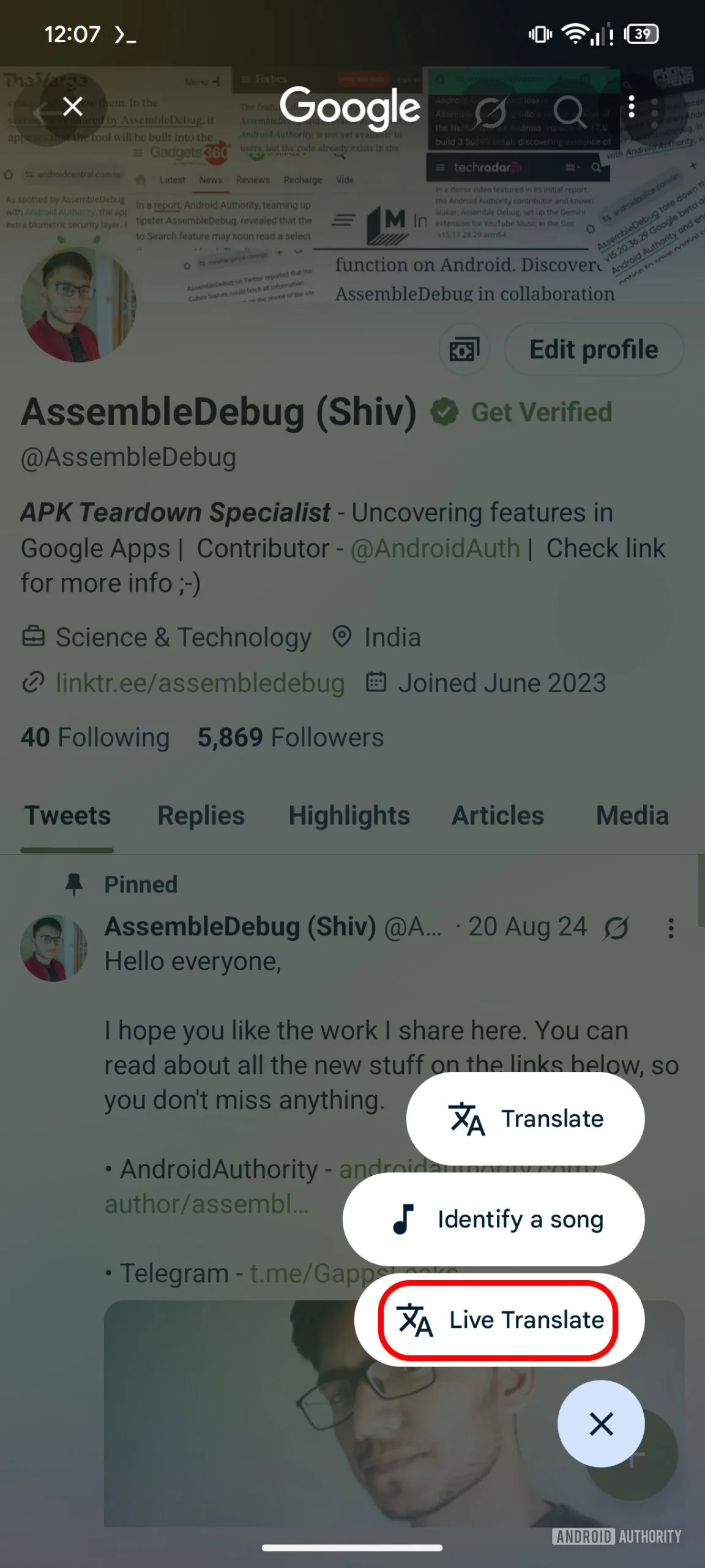 Circle to Search update porta Live Translate su video e contenuti dinamici