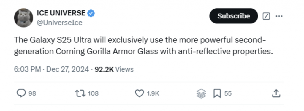 Galaxy S25 Ultra avrà in esclusiva Gorilla Armor Glass 2