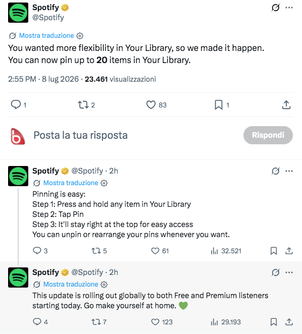 Spotify pin libreria: aumentato il numero massimo